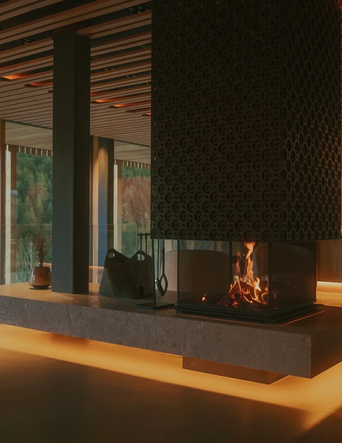 Warm fireplace lounge at ENGEL AYURPURA